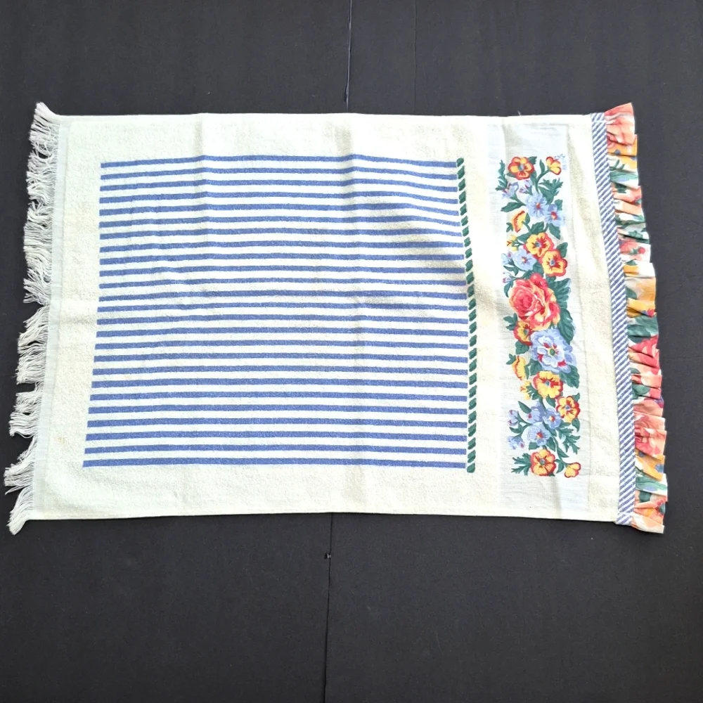 Vintage Floral and Striped Fringe Towel Shabby Cottage 80's 90's
